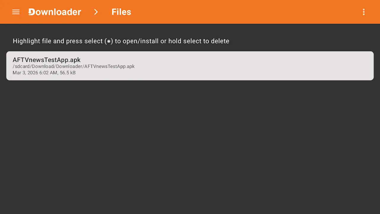 Downloader : onglet Files avec le fichier APK téléchargé