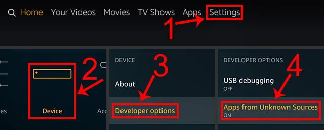 Fire TV : Paramètres, Appareil, Options développeur, Applications de sources inconnues