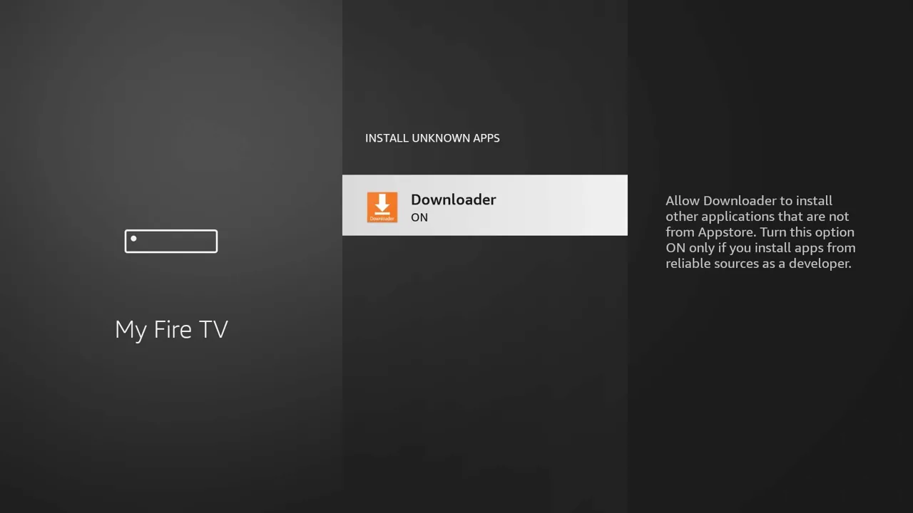 Fire TV : écran Installer des applications inconnues avec Downloader activé