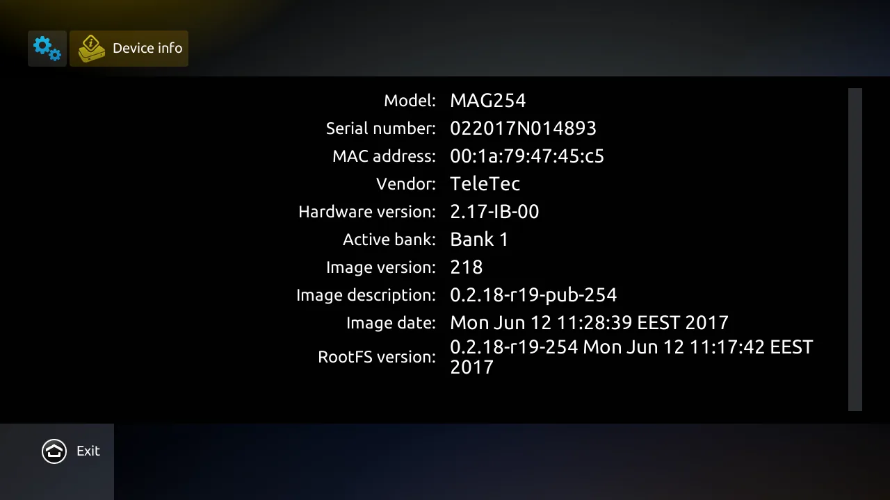 Boîtier MAG : écran Device info avec l'adresse MAC