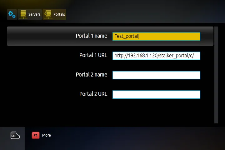 Boîtier MAG : formulaire Portal 1 name et Portal 1 URL