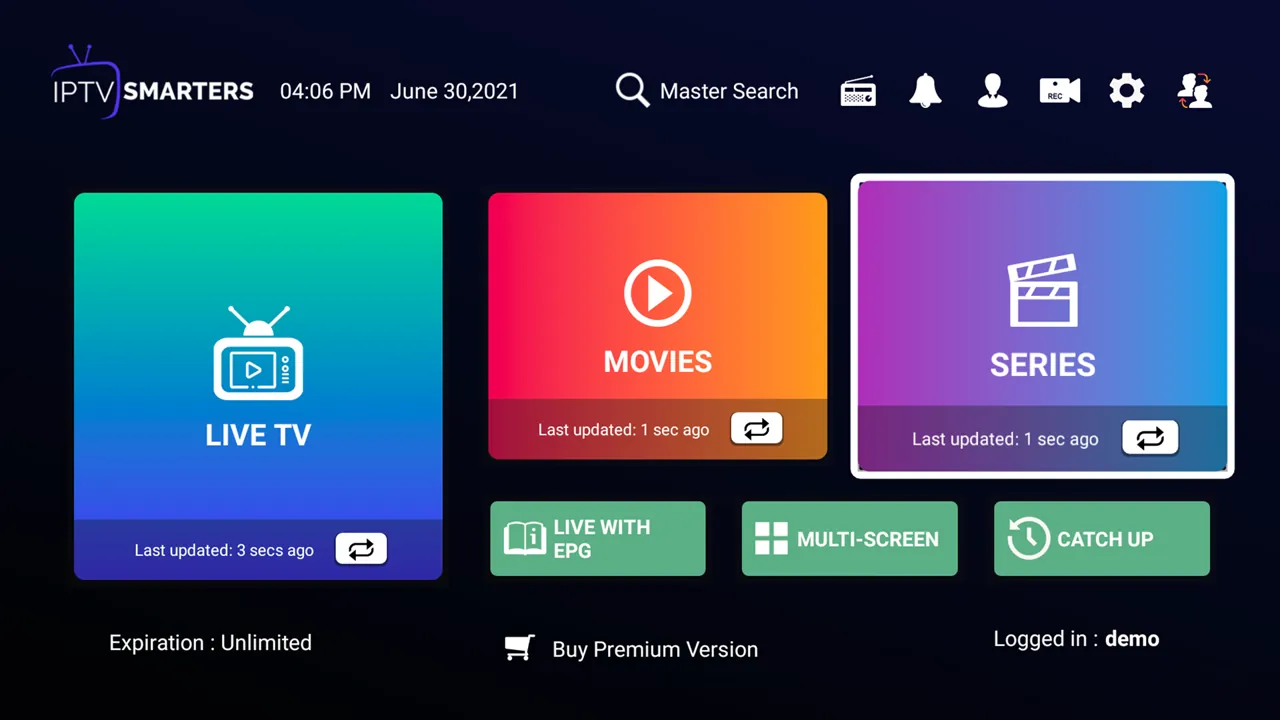 IPTV Smarters Pro sur PC : tableau de bord Live TV, Movies, Series