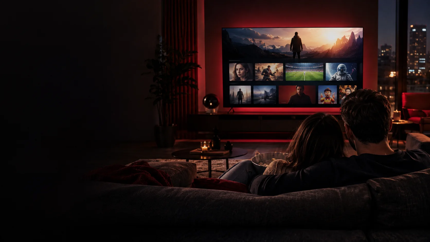 Un couple découvre des programmes sur sa télévision dans un salon éclairé de rouge