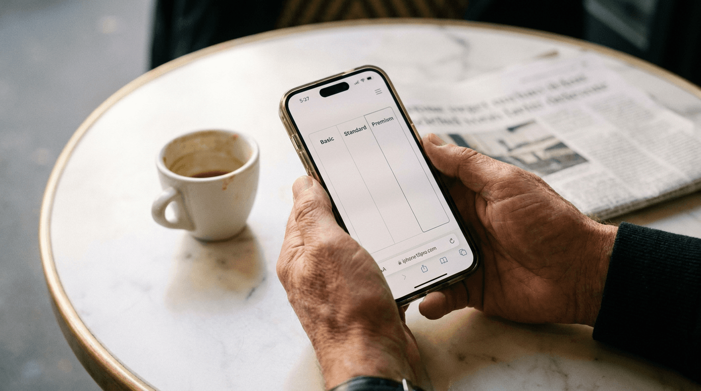 Mains tenant un iPhone affichant une page de tarifs sur une table de café.