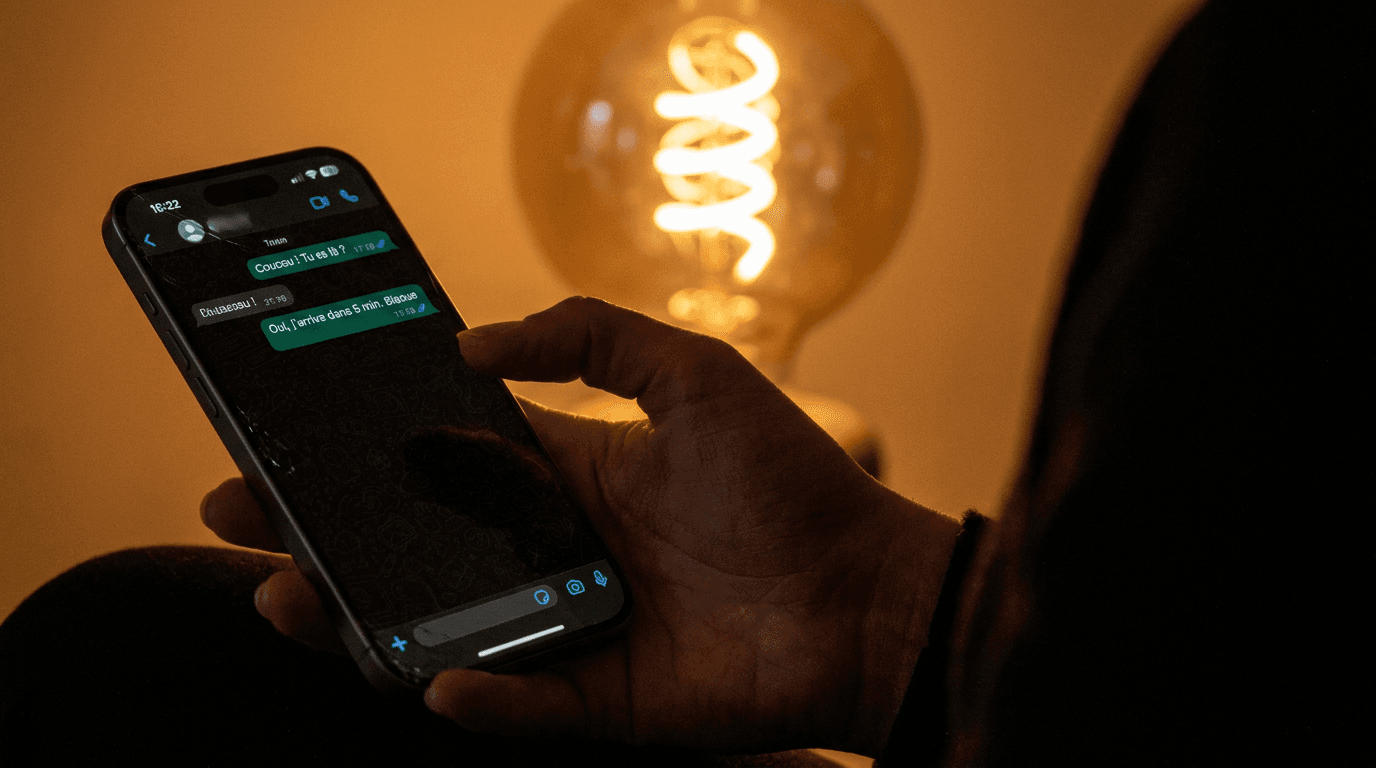 Main tenant un iPhone affichant une conversation WhatsApp, lumière chaude.