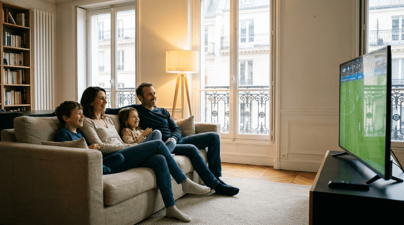 Famille française regardant un match sur un téléviseur dans un salon.