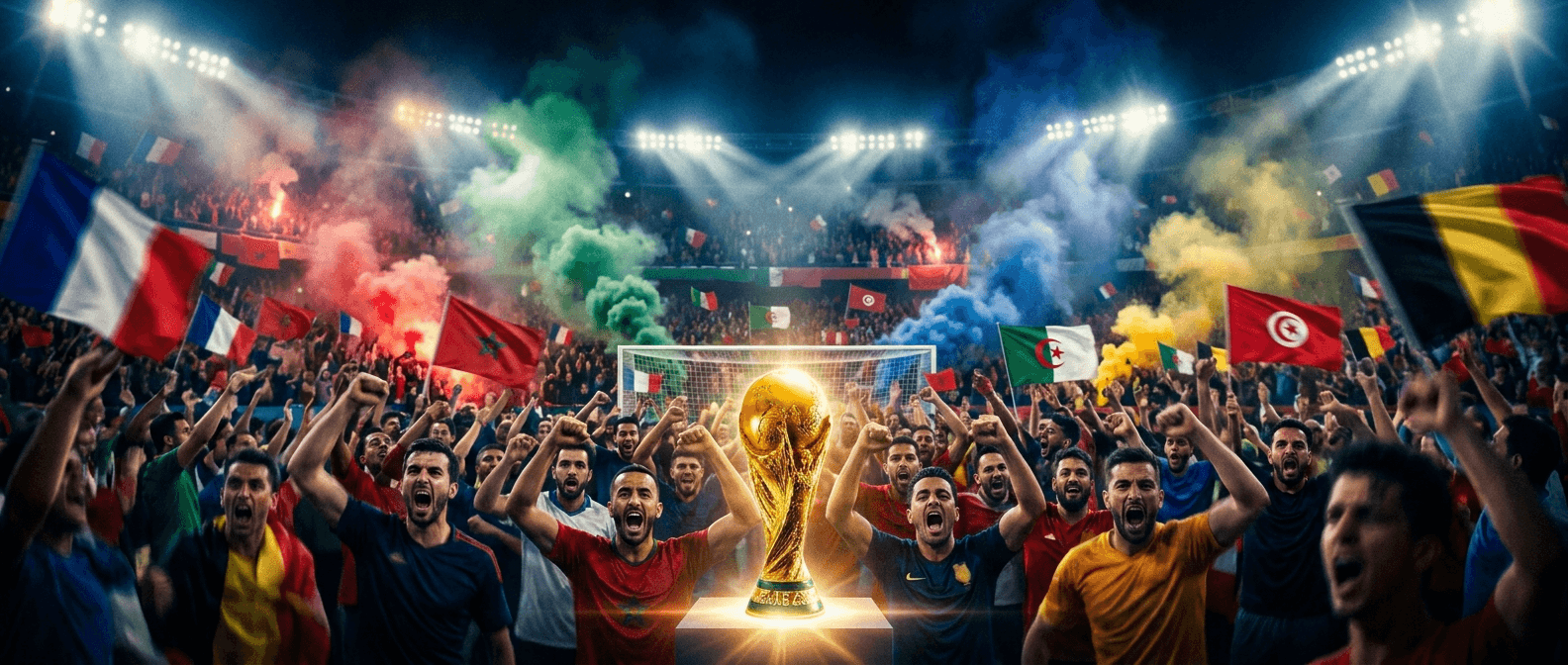 Finale de la Coupe du Monde 2026 — trophée au centre, supporters français, marocains, algériens, tunisiens et belges en pleine célébration sous les projecteurs.