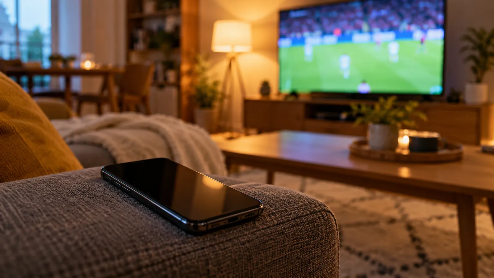 Smartphone posé sur un accoudoir de canapé devant un téléviseur allumé