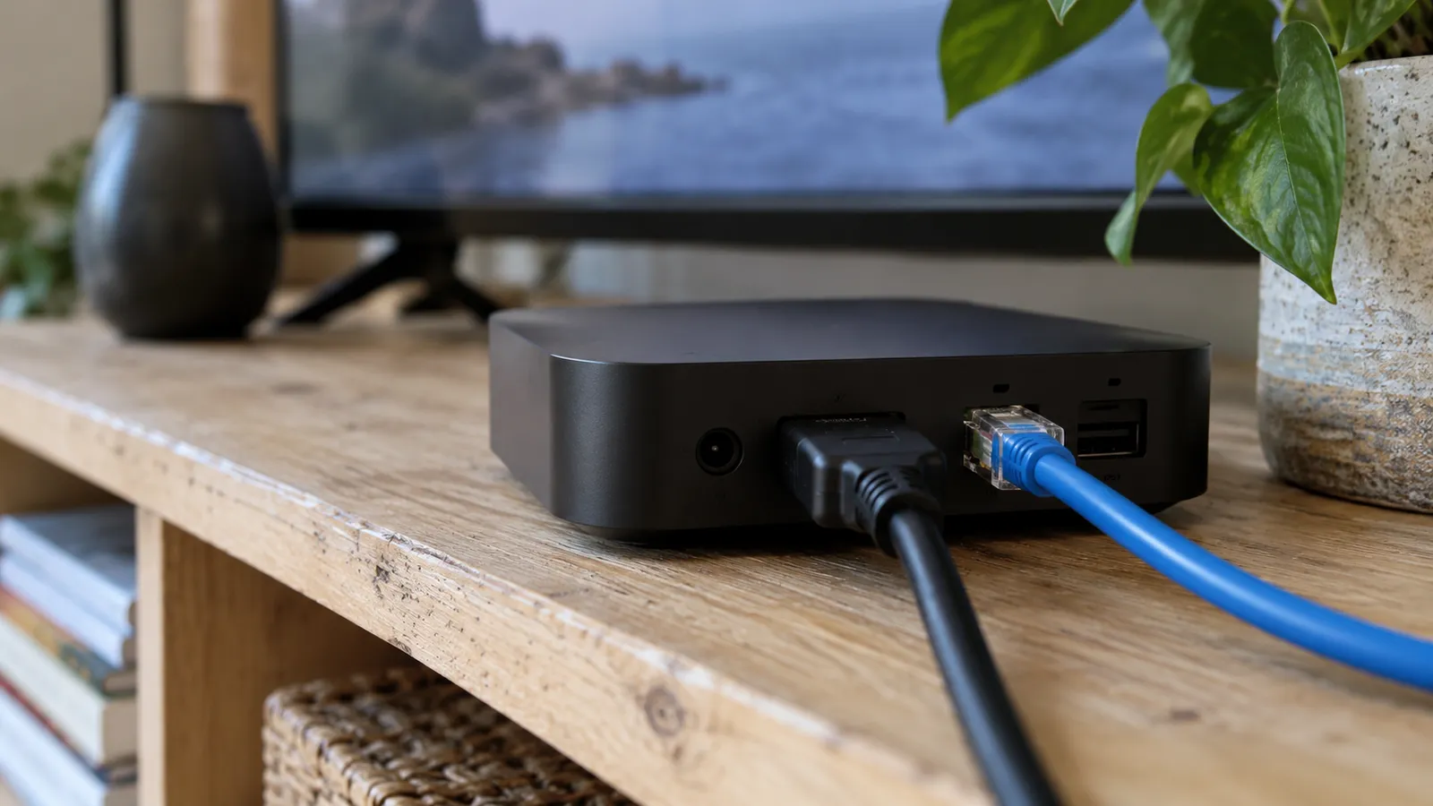 Câble Ethernet branché à l'arrière d'un boîtier Apple TV