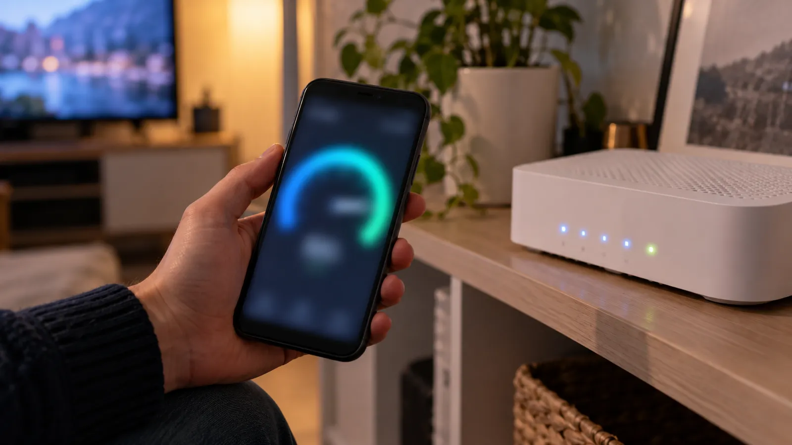Smartphone affichant un test de débit à côté d'une box internet fibre