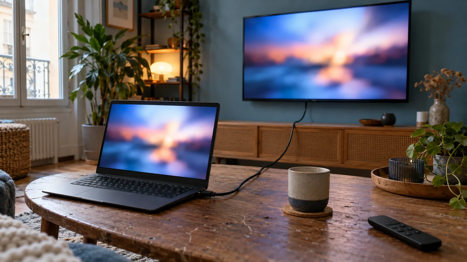 Ordinateur portable relié à une télévision par un câble HDMI