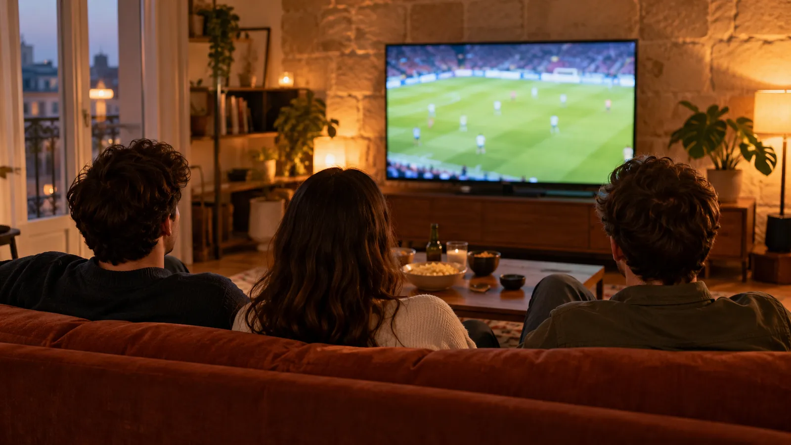 Amis regardant un match de football à la télévision dans un salon, vus de dos