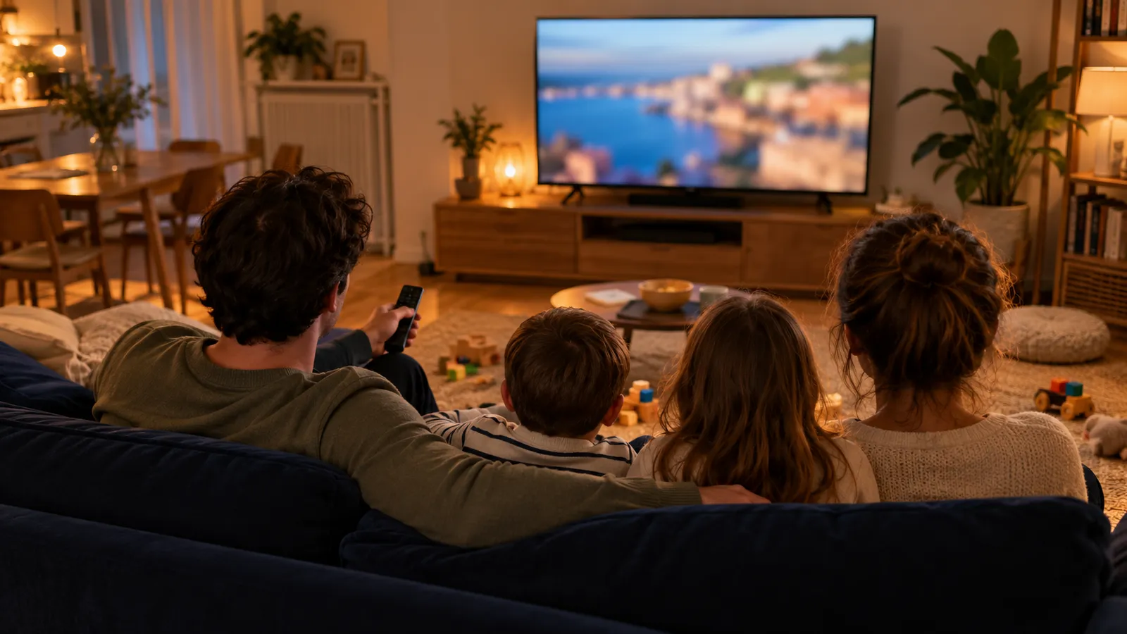 Famille sur un canapé devant la télévision, choix entre abonnement IPTV et Canal+