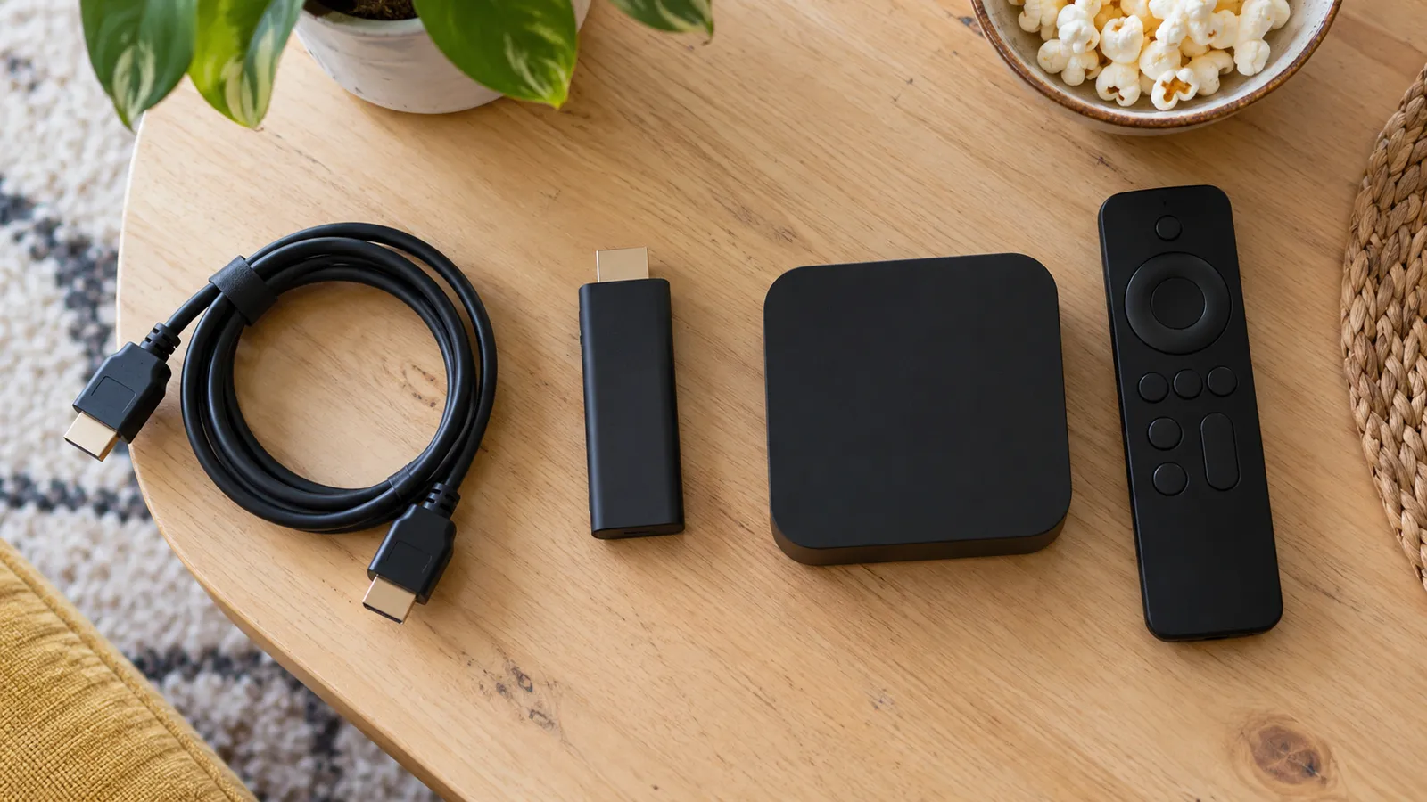 Clé HDMI et box Android posées côte à côte pour comparer les boîtiers IPTV
