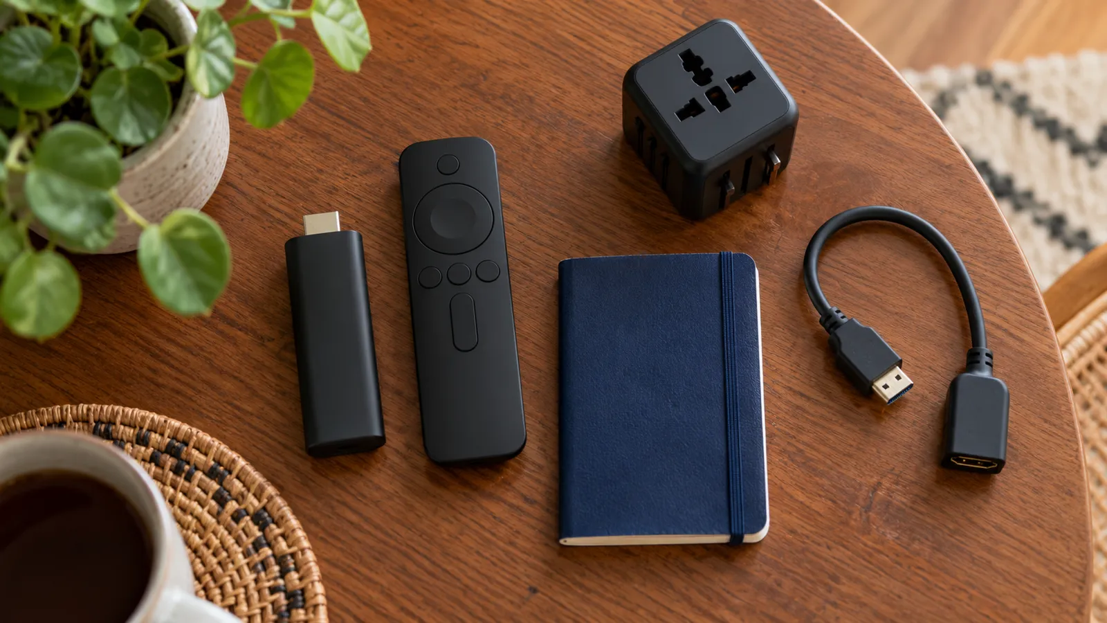 Fire TV Stick, télécommande, adaptateur de prise et câble HDMI prêts pour un départ à l'étranger