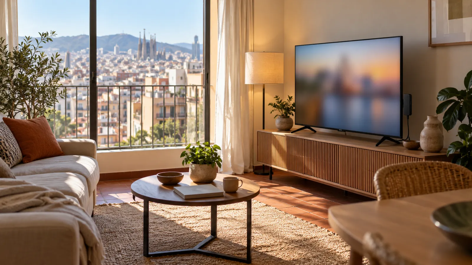 Salon d'un appartement à l'étranger avec téléviseur allumé, chaînes françaises pour expatriés