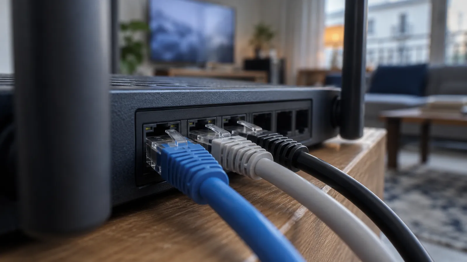 Câbles réseau branchés à l'arrière d'un routeur, différence entre Smart DNS et VPN