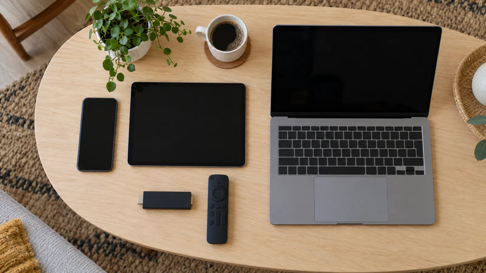 Smartphone, tablette, clé HDMI et ordinateur portable alignés sur une table