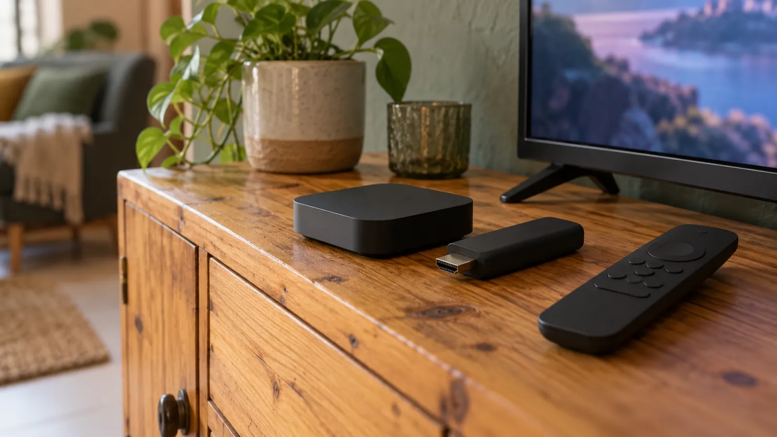 Box Android TV et clé Fire TV posées sur un meuble TV